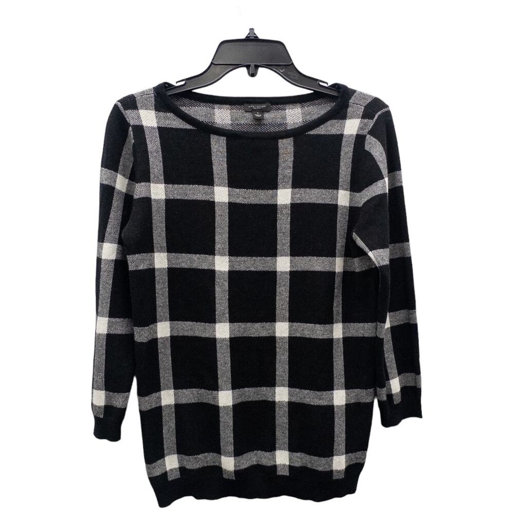 Ann Taylor Plaid Sweater Black White 3/4 Sleeve Cotton Pullover Women's Small
